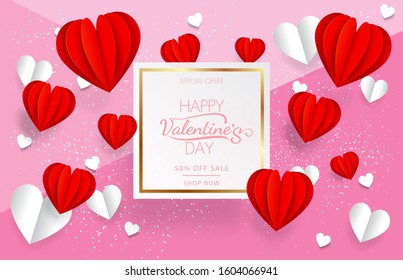 special offer valentine's day % off sale shop now with red and white paper heart on three color pink background