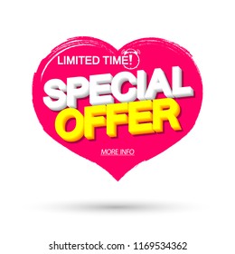 Special Offer, Valentines Day Sale, banner design template, discount tag, grunge brush, limited time only, vector illustration