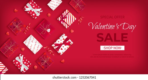 Special offer Valentine's Day Sale. Discount flyer, big seasonal sale. Horizontal Web Banner with holiday gift Boxes in different packaging, heart candy, serpentine on red background. Vector 