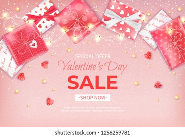 Special offer Valentine's Day Sale. Discount flyer, big seasonal sale. Horizontal banner with garland, candies, confetti, beads, gift boxes in red white wrapping paper with hearts Beautiful background
