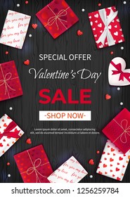 Special offer Valentine's Day Sale. Discount flyer, big seasonal sale. Vertical Web Banner Background with Lollipops, gift Boxes in red and white wrapping paper with hearts. On black wooden texture