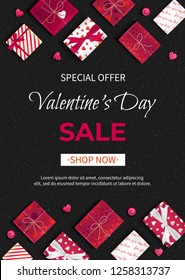 Special offer Valentine's Day Sale. Discount flyer, big seasonal sale. Vertical Web Banner Background with Lollipops, many holiday gift Boxes in red and white wrapping paper with hearts In black color