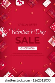 Special offer Valentine's Day Sale. Discount flyer, big seasonal sale. Vertical Web Banner Background with candies, many holiday gift Boxes in red and white wrapping paper with hearts In red color 