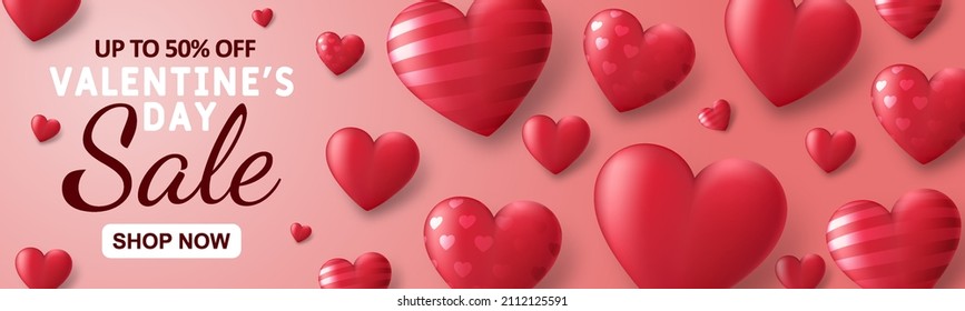 Special offer Valentine's day sale banner with red 3d hearts and advertising discount text decoration. Vector illustration