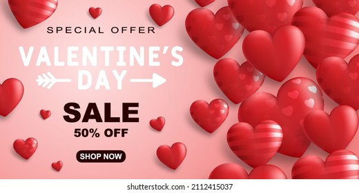 Special offer Valentine's day sale banner with red 3d hearts and advertising discount text decoration. Vector illustration.