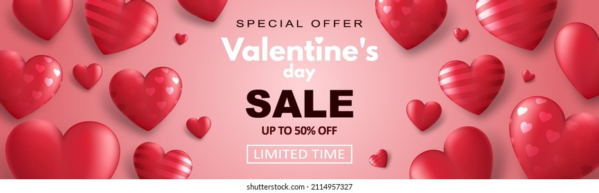 Special offer Valentine's day sale banner with red 3d hearts and advertising discount text decoration. Vector illustration.