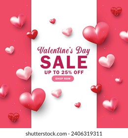 Special offer Valentine's day sale banner with red 3d hearts and advertising discount text decoration. Vector illustration