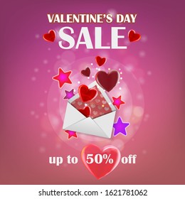 Special offer, Valentine's sale, up to 50% off, pink discount banner for website or design with stars, red heart and envelope. A couple of hearts. Vector illustration