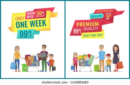 Special offer vector banner with people shopping. Premium quality, only one week or day, discount and promotion, happy family with packages and truck