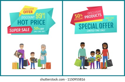 Special offer vector banner with people shopping. Hot price, super sale, exclusive product, limited time, only one day, happy family with packages