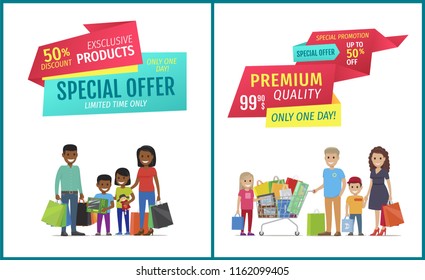 Special offer vector banner with people shopping. Premium quality, exclusive products, limited time, only one day promotion, happy family and purchase
