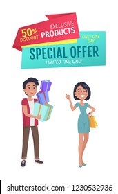 Special offer vector banner with people shopping. Discount for exclusive products badge, smiling young couple with purchase advertising cartoon style