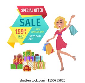 Special offer vector banner with person shopping. Sale only tomorrow fixed price in all product, happy lady with packages in hands, with pile of boxes