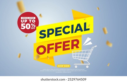 Special offer vector banner template. Discount up to 50% off. Vector template poster sale promotion for marketing promotion, retail, store, shop, online store, or website