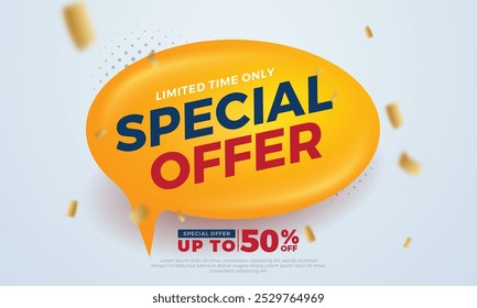 Vektor-Banner-Vorlage mit Sprechblase 3d. Rabatt bis zu 50 %. Vektorvorlagen-Poster-Verkaufsförderung für Marketing-Werbung, Einzelhandel, Geschäft, Shop, Online-Shop oder Website