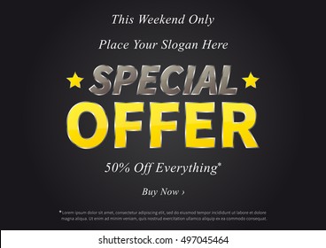 Special Offer vector illustration on black background. Horizontal poster Special Offer Sale 50% Off Everything concept for websites, retail stores. Banner Special Offer Sale A4 size, ready to print.