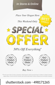 Special Offer vector illustration on grey background. Vertical poster Special Offer Sale 50% Off Everything concept for retail stores, advertising. Banner Special Offer Sale A4 size, ready to print.