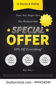 Special Offer vector illustration on black background. Vertical poster Special Offer Sale 50% Off Everything creative concept for websites. Banner layout Special Offer Sale A4 size, ready to print.