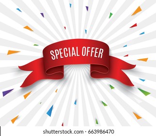 Special offer vector ribbon.Red scroll. Banner sale tag. Market special offer discount.