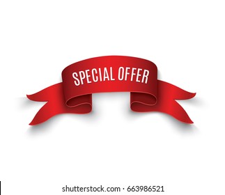 Special offer vector ribbon.Red scroll. Banner sale tag. Market special offer discount.