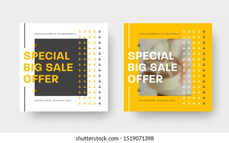 Special offer vector square banner template with yellow, white and black abstract pattern and photo. Design for social networks and mobile applications. Email Newsletter Layout