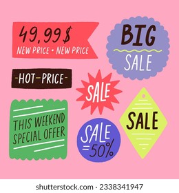 Special offer vector stickers, badges set. Abstract shapes with different titles. Online shopping and marketing labels. Perfect for social media posts, print, sale company. All elements are isolated.