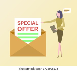 Special offer vector, woman with clipboard and chatting box thought bubble, envelope letter with proposal flat style. Proposition on paper isolated