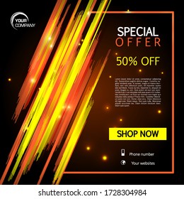 Special offer web banner with splash stroke in yellow and orange color