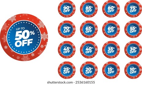 Special offer winter or christmas discount with different value percent off 90, 85, 80, 75, 70, 65, 60, 55, 50, 45, 40, 35, 30, 25, 20, 15, 10 percentage price reduction label. Sale offer emblem set. 