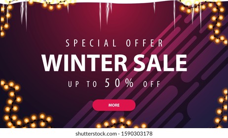 Special offer, winter sale, up to 50% off, purple discount banner with icicles, garland, pink button and liquid shapes