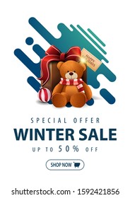 Special offer, winter sale, up to 50% off, white discount banner in minimalistic style with abstract liquid shapes
