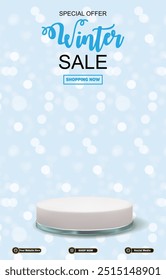 special offer winter sale discount portait template banner with blank space 3d podium for social media post product sale with abstract gradient blue background design16