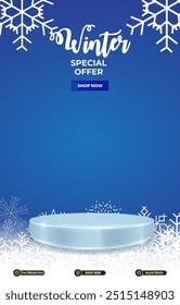 special offer winter sale discount portait template banner with blank space 3d podium for social media post product sale with abstract gradient blue background design 11