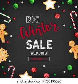Special offer winter Sale. Discount flyer, big seasonal sale. Web banner with holiday sweets - lollipops, candy cane, cookies, gingerbread Man. Top view. Vector illustration