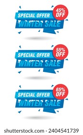 Special offer winter sale origami blue labels set. Sale 45%, 55%, 65% off discount. Vector illustration
