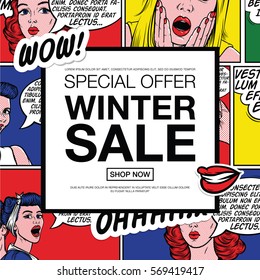 Special Offer Winter Sale. Poster with Pop Art Retro Comic Wallpaper on Background. Vector illustration. 