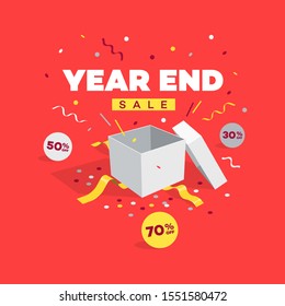 Special offer year end sale discount symbol with open gift, discount labels and confetti. Easy to use for your sale promotion.