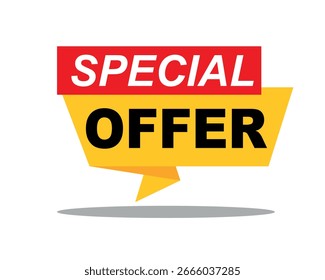 Oferta especial Burbuja de voz amarilla con etiqueta roja. Descuento, venta, Anuncio de la promoción. Ilustración vectorial sobre fondo blanco