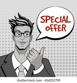 Special offer. Young handsome man in glasses looking and pointing at speech bubble. Vector illustration in retro comic style. Vector pop art background.