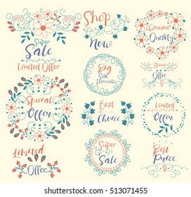 Special offer.Limited.Shop Now.Best Choice.Genuine Quality.Super Sale.Big Discounts.Insignias logotypes, badges, stickers, stamps, icons, frames, card design set. Doodle vector vintage elements.
