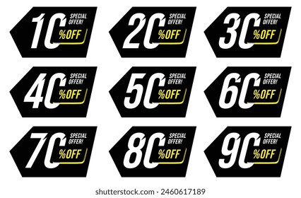 Special offers 10 to 90 Percent off Discounts offers tags Design isolated white and Black vector background.