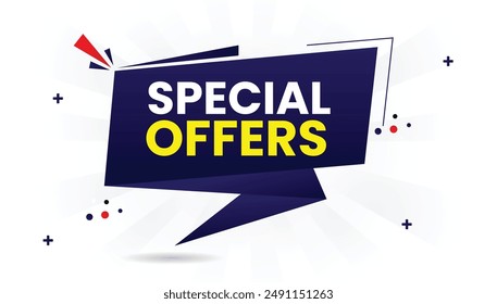 Special offers banner template design with white background, featuring blue and yellow shapes, vector art for promotions, discounts, sales, marketing, advertisements, retail, and online shopping.