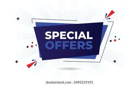 Special offers banner template design with a white background and shine dark blue and light blue shapes, featuring vector art for eye catching promotions banner, discount, offer, business, template