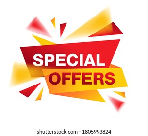 Special Offers button, banner element or price tag in red and yellow colors with blurry burst pieces