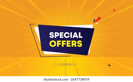 Special offers editable web banner vector art illustration editable template design with dark blue white shapes orange yellow sun shine business elements background 4k modern unique high quality desig