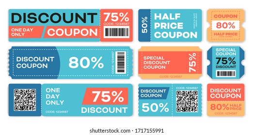 Conjunto de modelos de vouchers promocionais de ofertas especiais. Cupons coloridos com texto e desconto percentual. Ilustração vetorial para venda, varejo, conceito de metade do preço