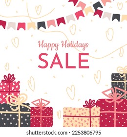 Special offers for Valentine's Day and other holidays with gifts, flags, and hearts. Sales templates are perfect for social media posts, print, flyers, banners, promotions, and special offers.