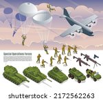 Special Operations Forces collection with soldiers parachuting from a military transport plane and Military Vehicles set isometric icons on isolated background