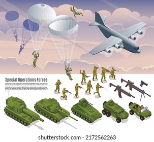 Special Operations Forces Collection With Soldiers Parachuting From A Military Transport Plane And Military Vehicles Set Isometric Icons On Isolated Background