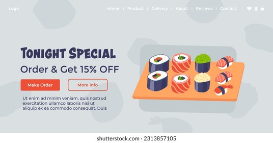 Special order tonight, order and get fifteen percent off. Tasty sushi and sashimi, asian dish and delicious fish and rice. Website landing page, internet site template. Vector in flat styles